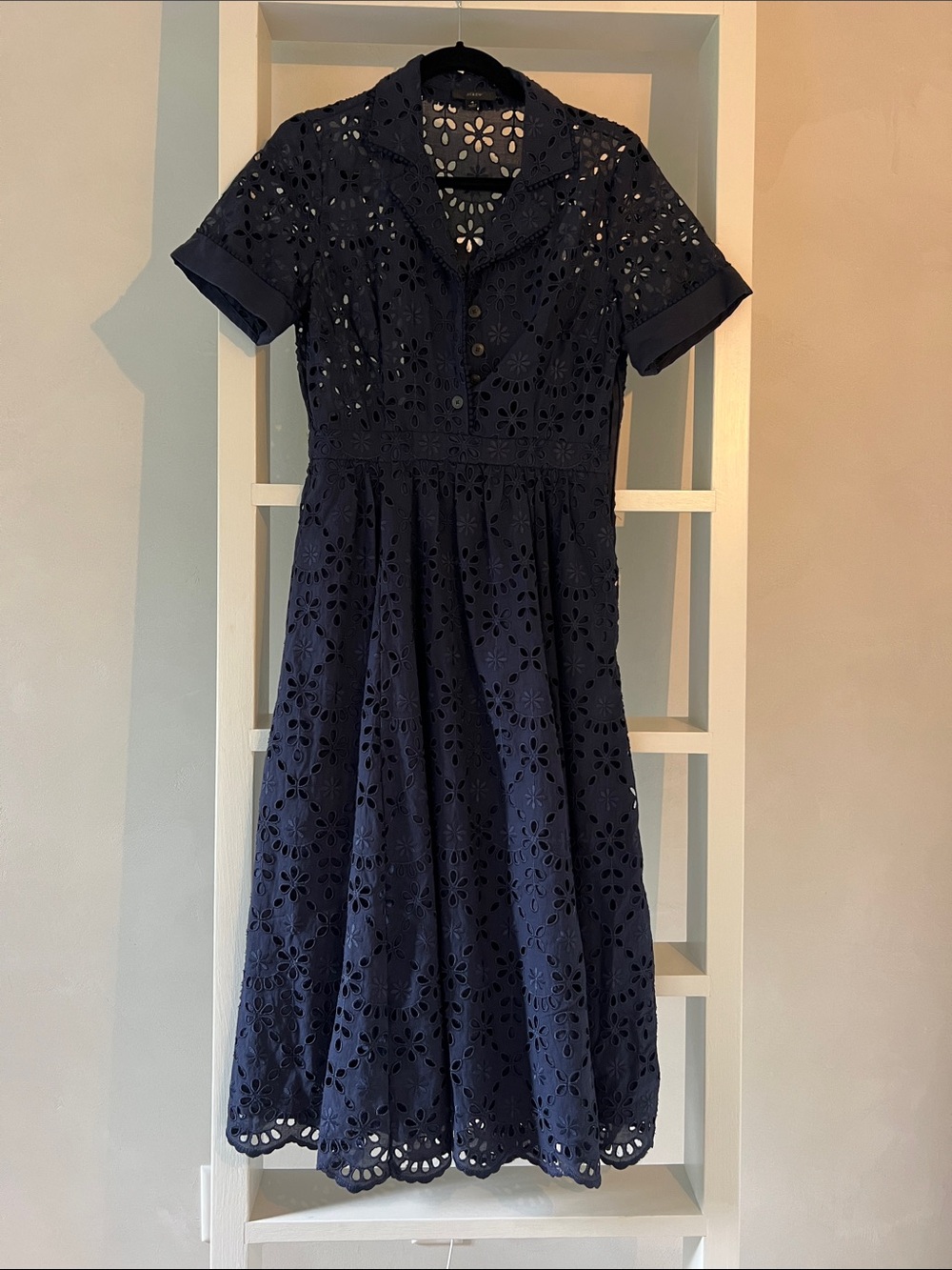 J. Crew Navy Eyelet Collared Midi Dress